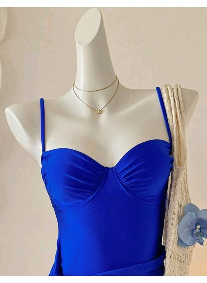 SHEIN Woman One-Piece Solid Color Steel Rim Push-Up Adjustable Spaghetti Strap Ruched Waist Belt Decor Swimsuit, Beach Vacation Swimwear - Image 5